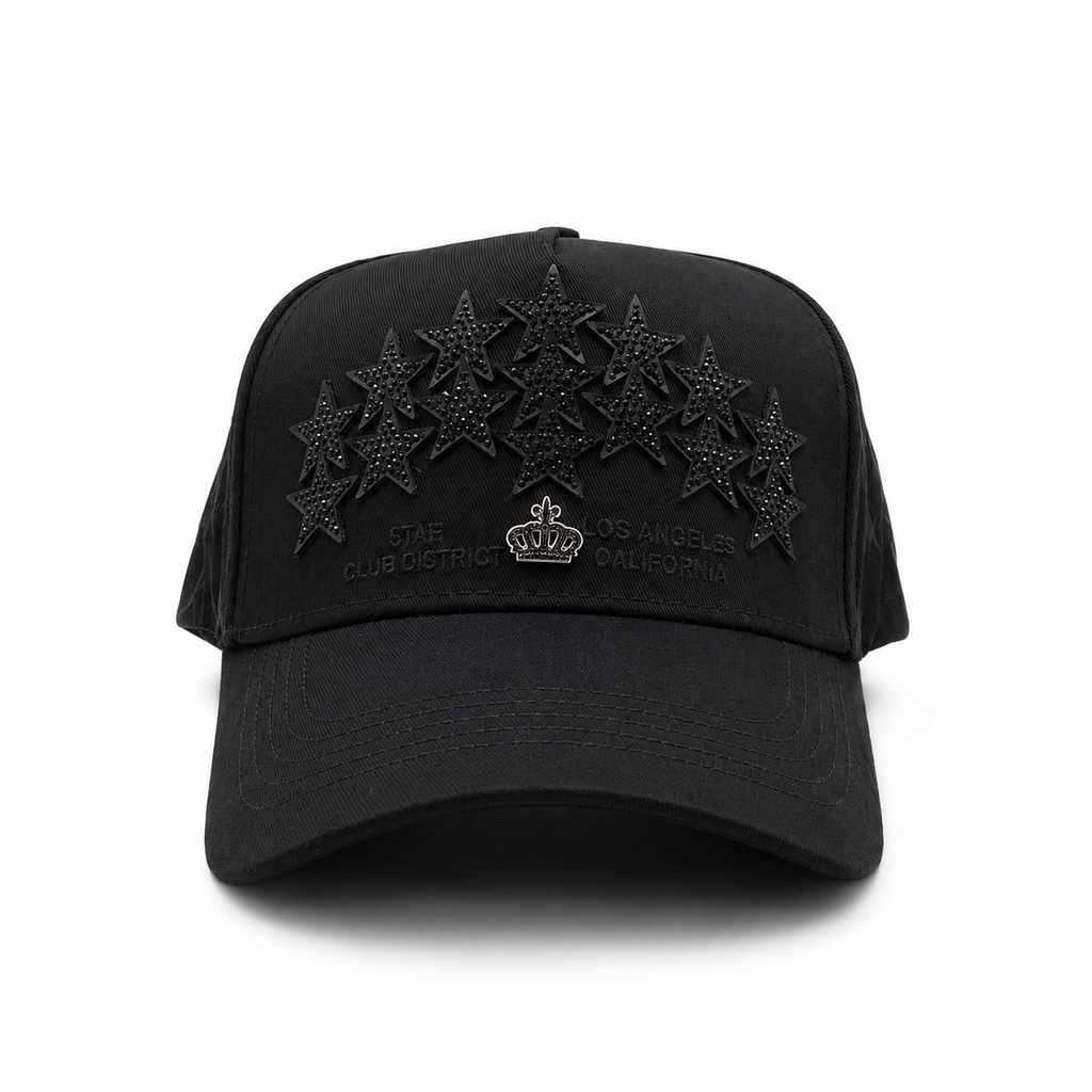 Club de Gorras Estrella – Distrito Negro Total – Gorra con Pedrería y Acabado de Gamuza