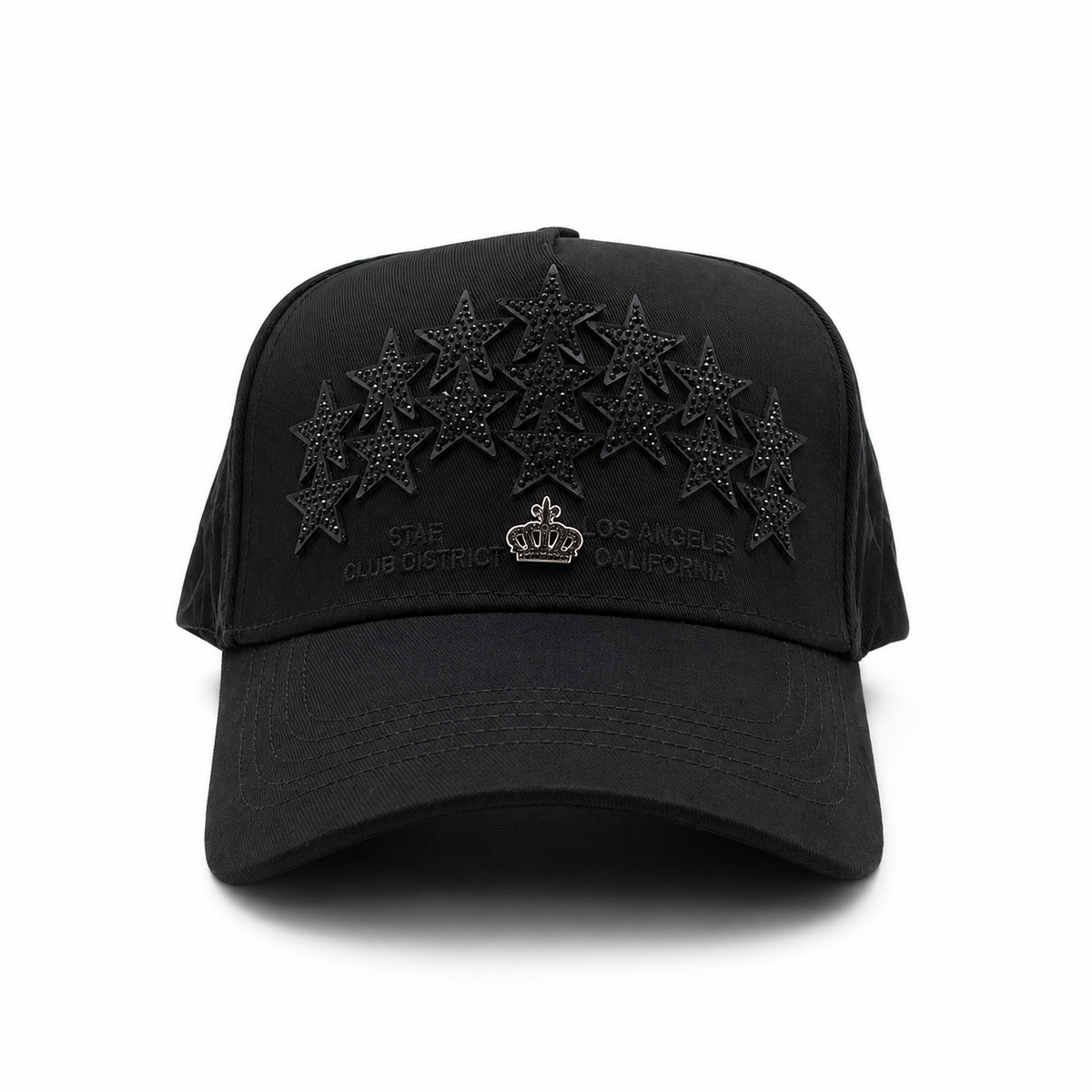 Club de Gorras Estrella – Distrito Negro Total – Gorra con Pedrería y Acabado de Gamuza