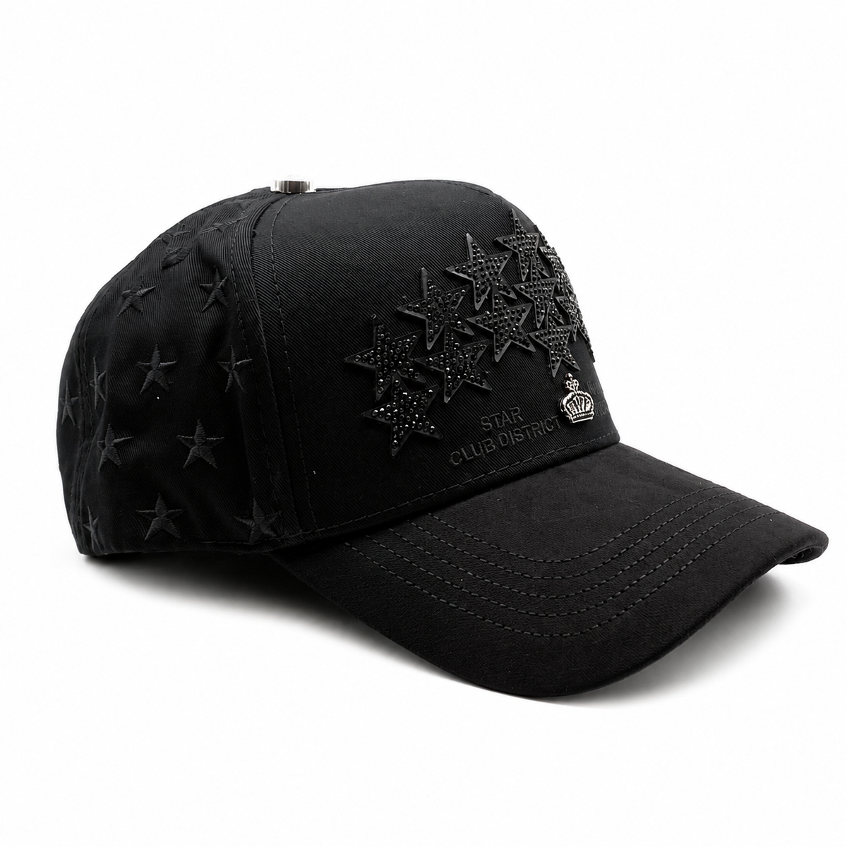 Club de Gorras Estrella – Distrito Negro Total – Gorra con Pedrería y Acabado de Gamuza