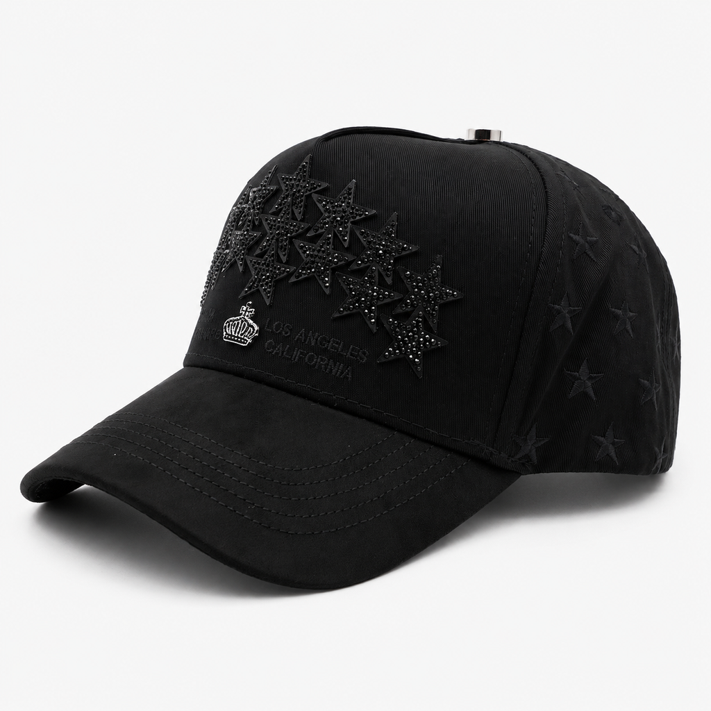 Club de Gorras Estrella – Distrito Negro Total – Gorra con Pedrería y Acabado de Gamuza