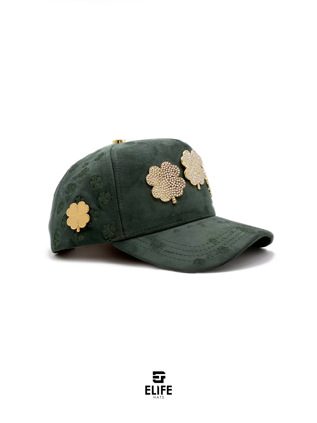 Gorras Soñador Trébol Dorada – Gorra con Pedrería y Acabado de Gamuza