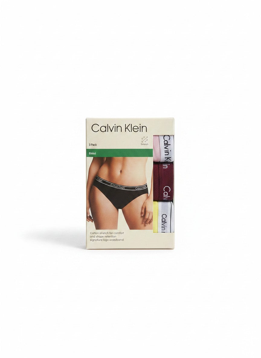 Pack de 3 bragas bikini Calvin Klein para mujer en rosa pálido, burdeos y amarillo con cintura elástica y logo.