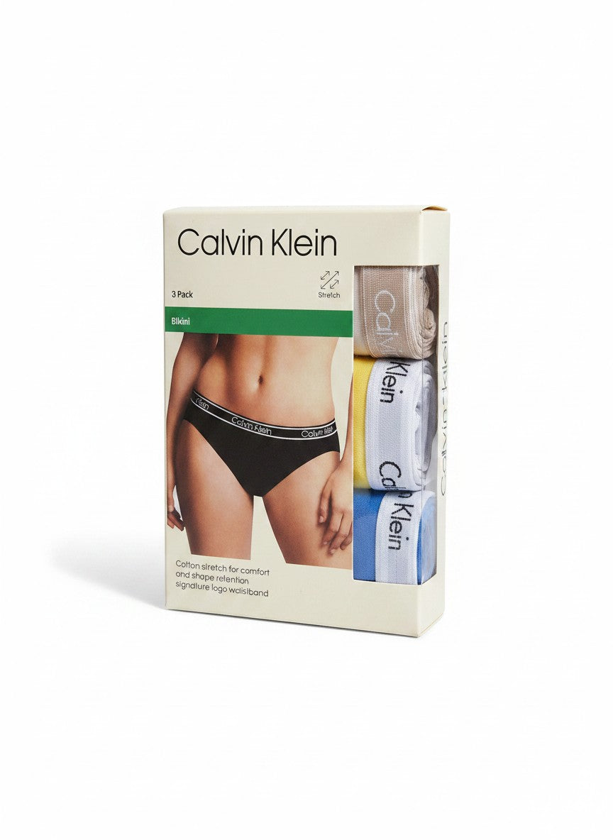 Pack de 3 bragas bikini Calvin Klein de algodón elástico para mujer, con cintura con logo.