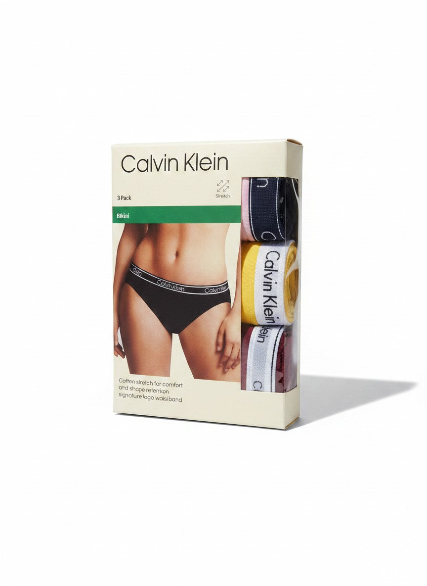 Pack de 3 bragas bikini Calvin Klein para mujer, de algodón elástico con cintura con logo. Colores: negro, azul marino, amarillo y burdeos.