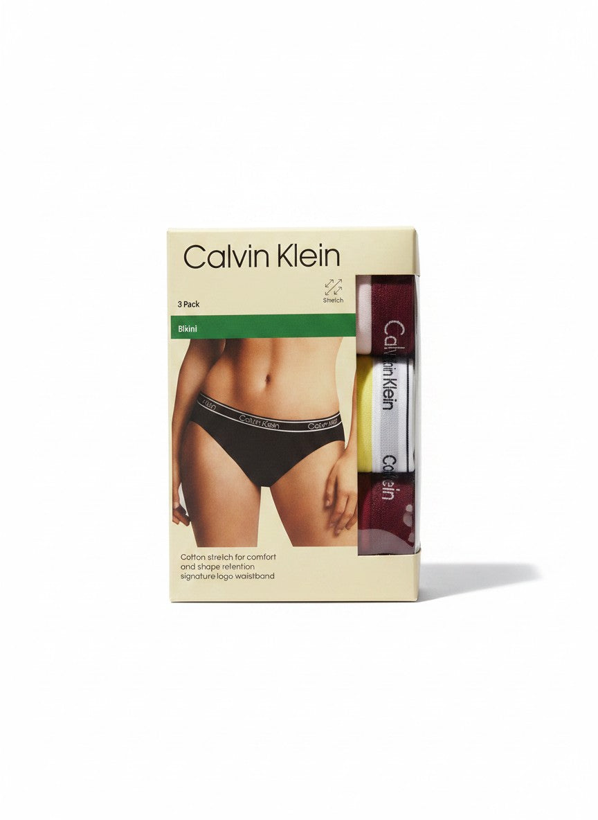 Pack de 3 bragas bikini Calvin Klein de algodón elástico para mujer, con cintura con logo.