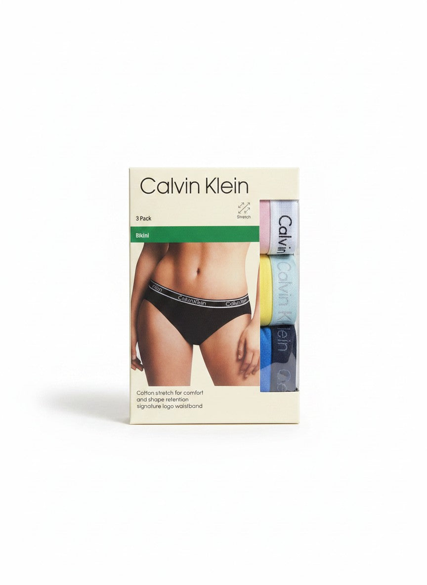Pack de 3 bragas bikini Calvin Klein para mujer, de algodón elástico, con cinturilla con logo. Colores: negro, rosa, amarillo y azul.