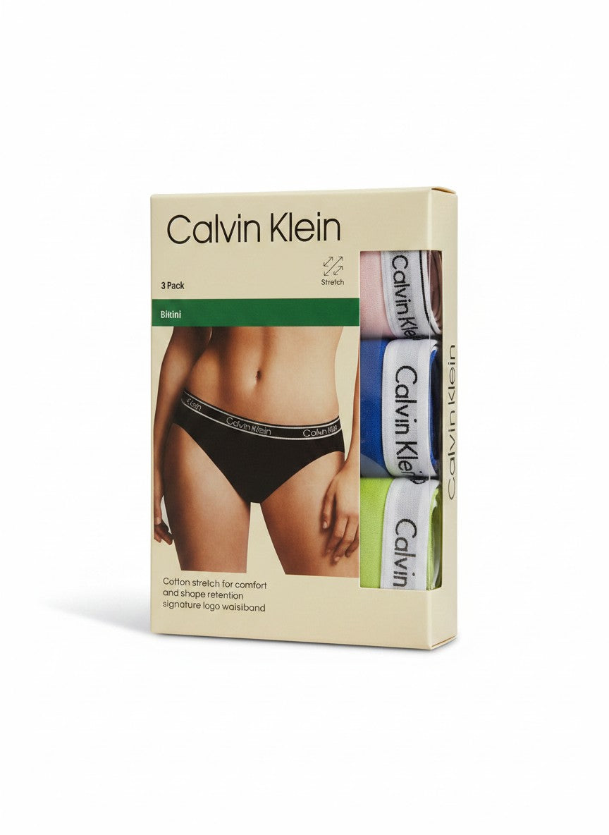 Pack de 3 bragas bikini Calvin Klein de algodón elástico en negro, rosa, azul y verde lima con cinturilla con logo.