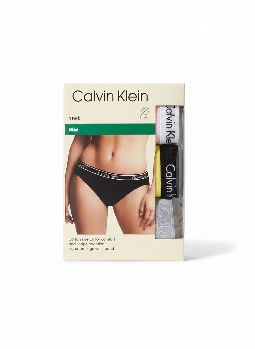 Pack de 3 bragas bikini Calvin Klein para mujer, de algodón elástico, con cintura con logo.
