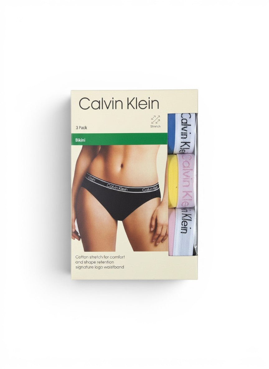 ELIFE BOUTIQUE pack de 3 bragas bikini Calvin Klein de algodón elástico en colores azul, amarillo y rosa con cinturilla de logo.