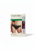 Pack de 3 bragas bikini Calvin Klein para mujer en negro, azul claro, burdeos y rosa. Cintura elástica con logo.