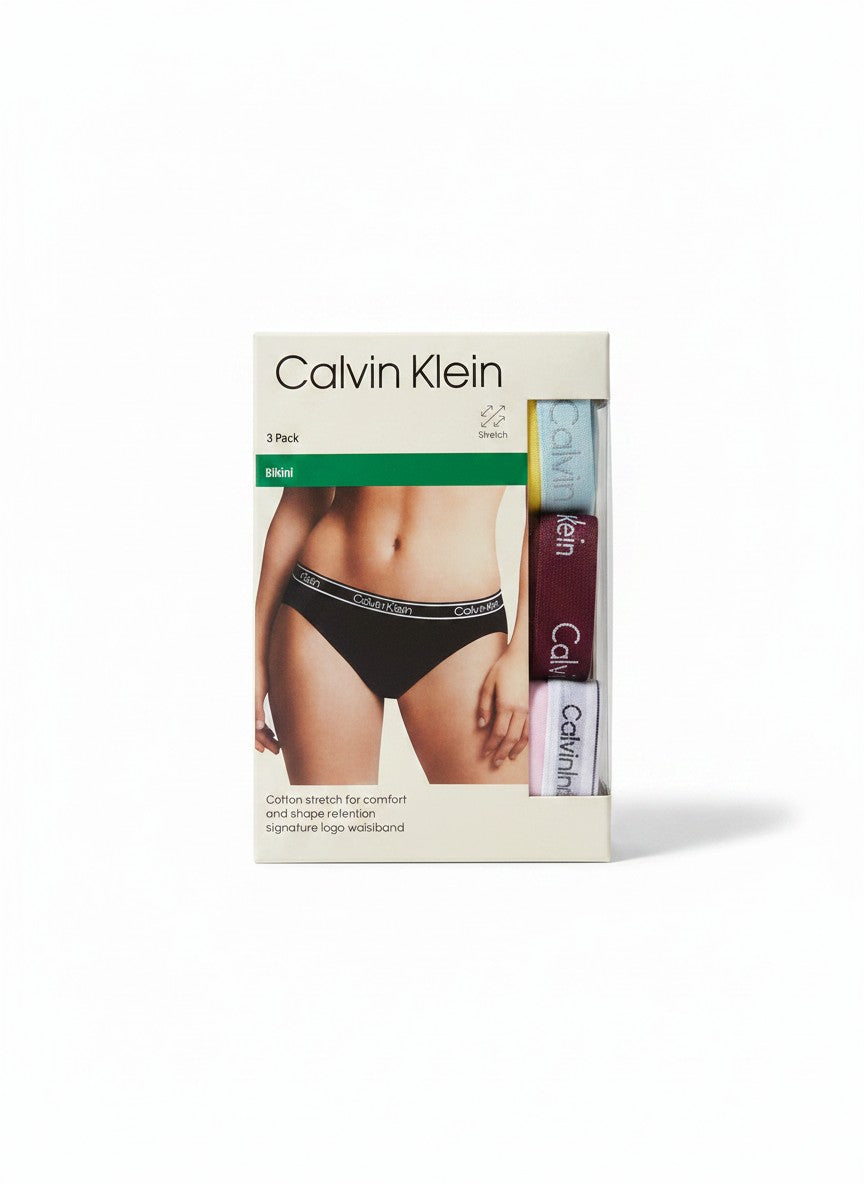 Pack de 3 bragas bikini Calvin Klein para mujer en negro, azul claro, burdeos y rosa. Cintura elástica con logo.