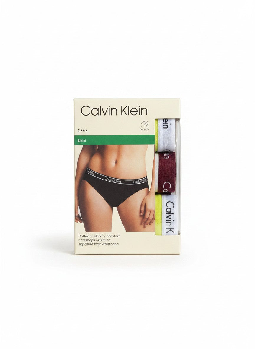 Pack de 3 bragas bikini Calvin Klein para mujer, de algodón elástico con cintura con logo.