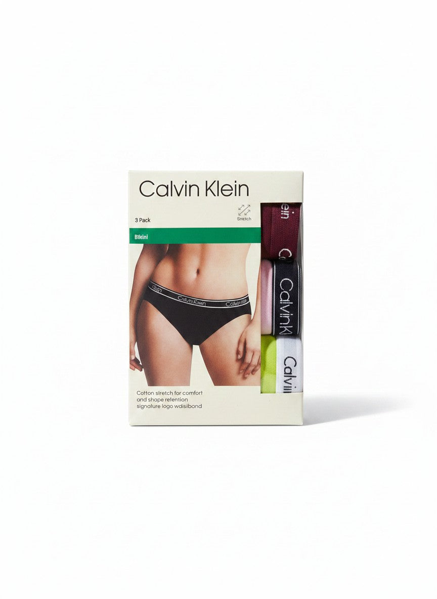 Pack de 3 bragas bikini Calvin Klein de algodón elástico para mujer con cintura con logo.