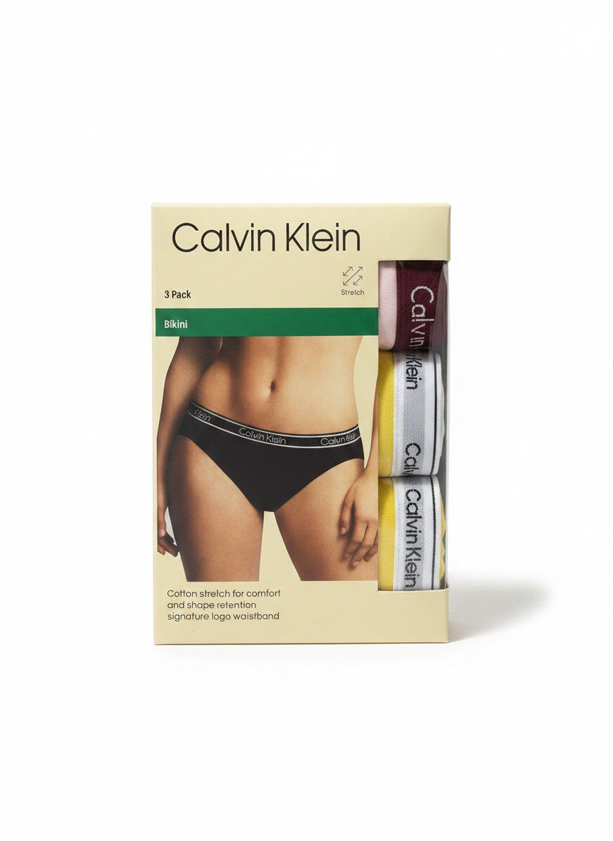ELIFE BOUTIQUE pack de 3 braguitas bikini Calvin Klein negras, rosas y amarillas con cintura de logo.