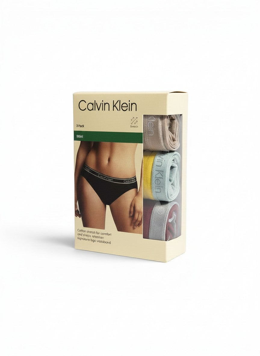 Pack de 3 braguitas bikini Calvin Klein para mujer en colores beige, amarillo y burdeos con cinturilla de logo.