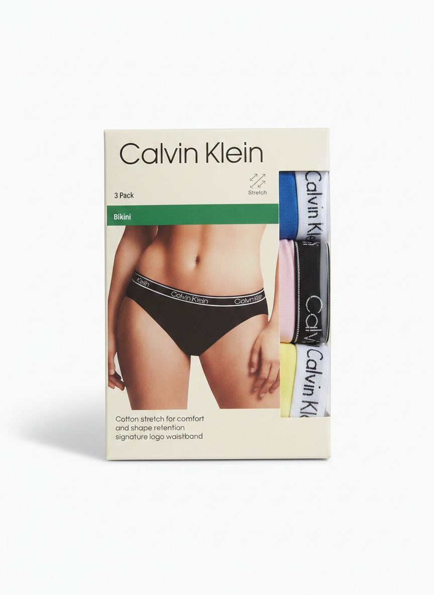 Pack de 3 braguitas bikini Calvin Klein de algodón elástico en negro, azul, rosa y amarillo con cintura con logo.