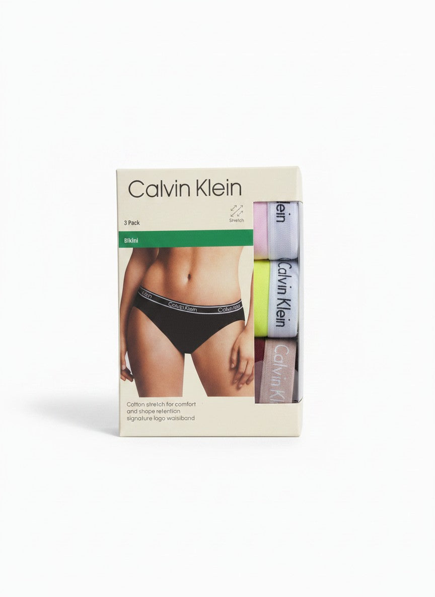 Pack de 3 braguitas bikini Calvin Klein para mujer en negro, rosa pálido, amarillo neón y burdeos con cinturilla elástica con logo.