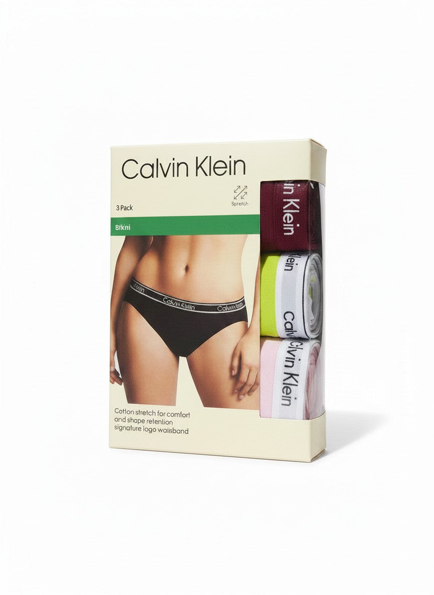 Pack de 3 braguitas bikini Calvin Klein para mujer en negro, lima y rosa con cinturilla elástica y logo.