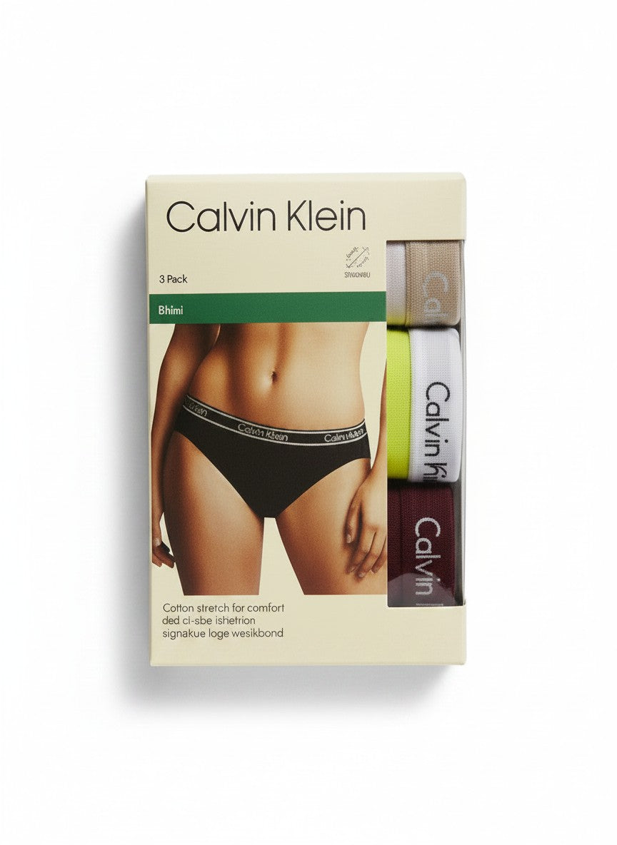Pack de 3 braguitas bikini Calvin Klein para mujer. Algodón elástico para mayor comodidad. Incluye colores negro, blanco, verde lima y burdeos.