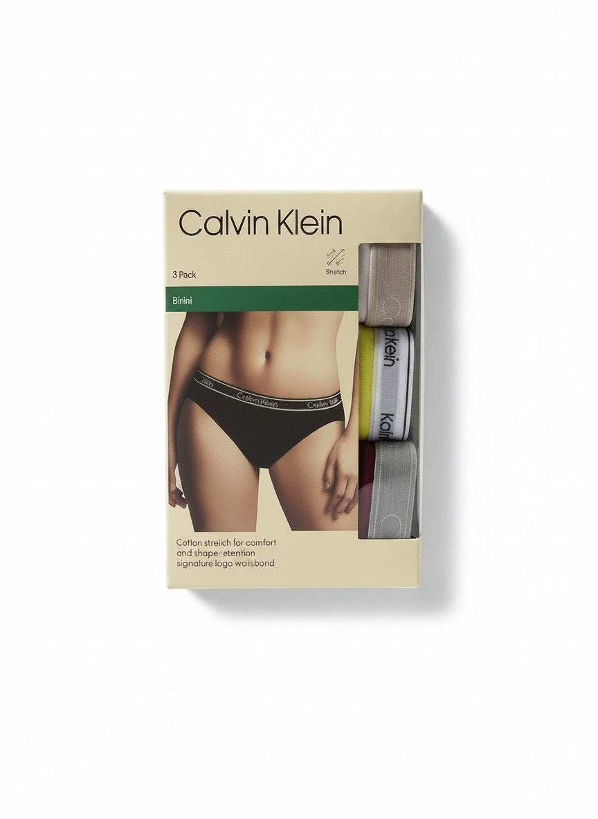 Pack de 3 braguitas bikini Calvin Klein para mujer en gris, amarillo y burdeos con cinturilla elástica con logo.
