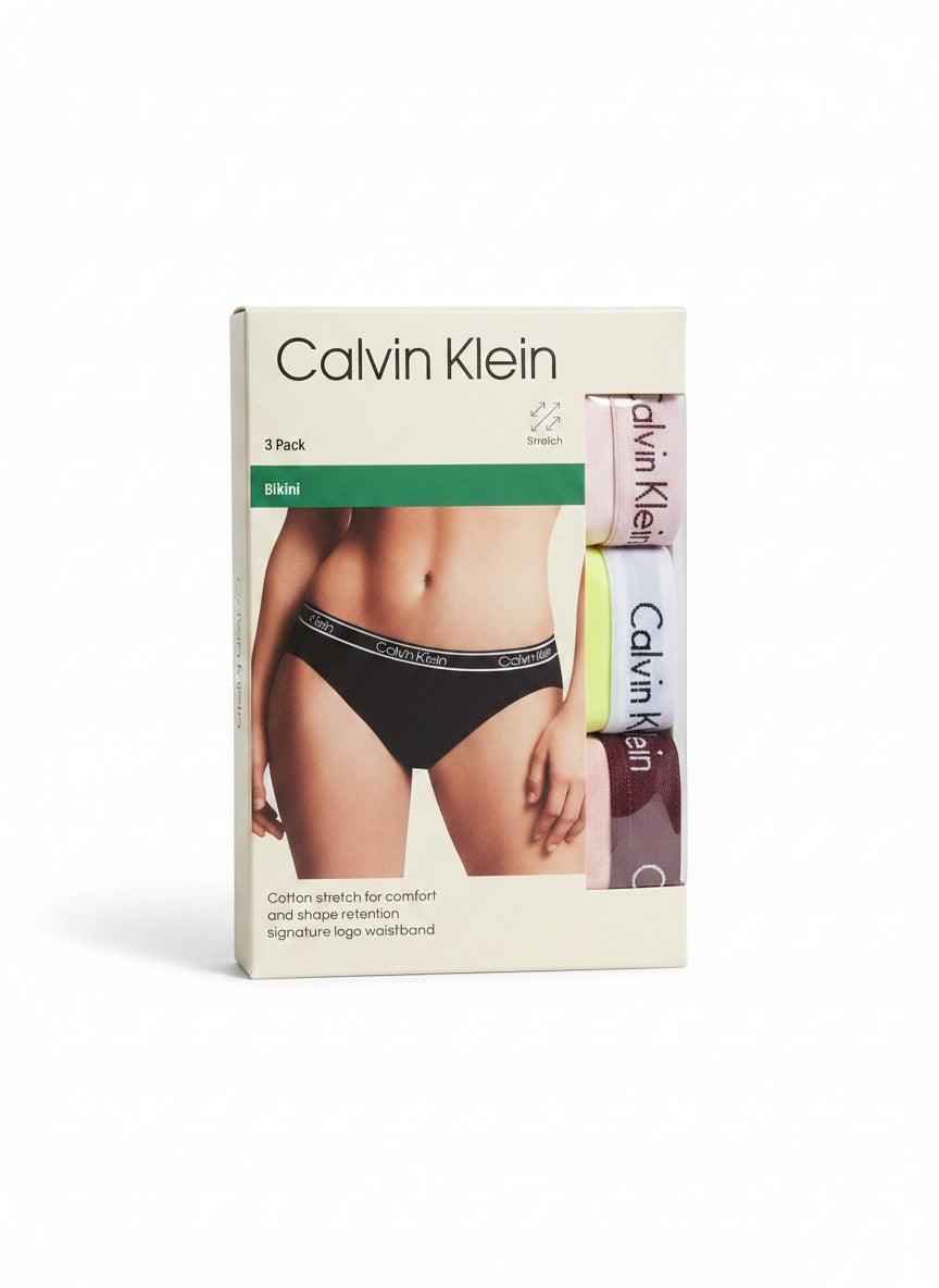 Pack de 3 braguitas bikini de Calvin Klein para mujer, de algodón elástico, con cintura con logo. Colores: negro, rosa pálido, amarillo neón y burdeos.