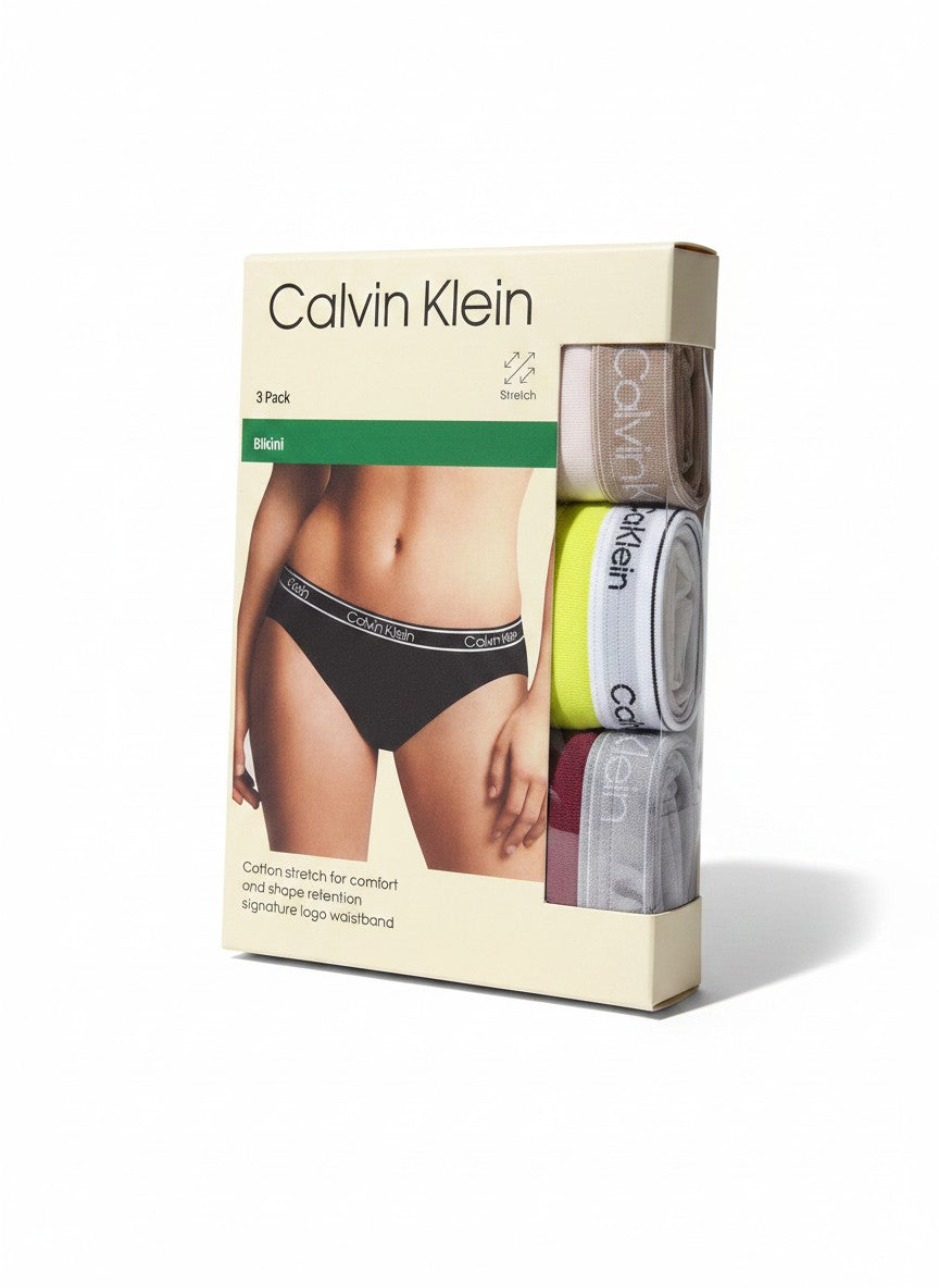 Pack de 3 braguitas bikini de Calvin Klein para mujer. Algodón elástico con cintura con logo.