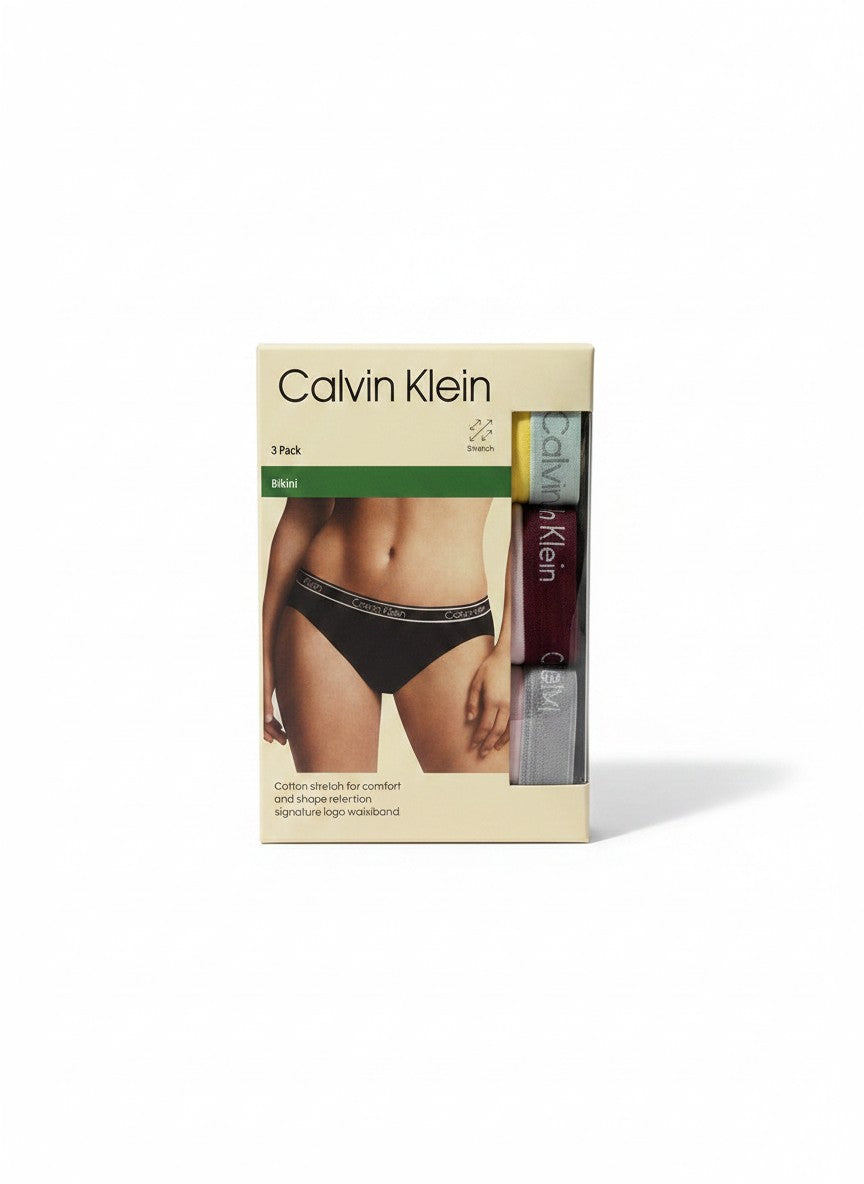Pack de 3 braguitas bikini Calvin Klein de algodón elástico en negro, gris, burdeos y amarillo con cintura con logo.