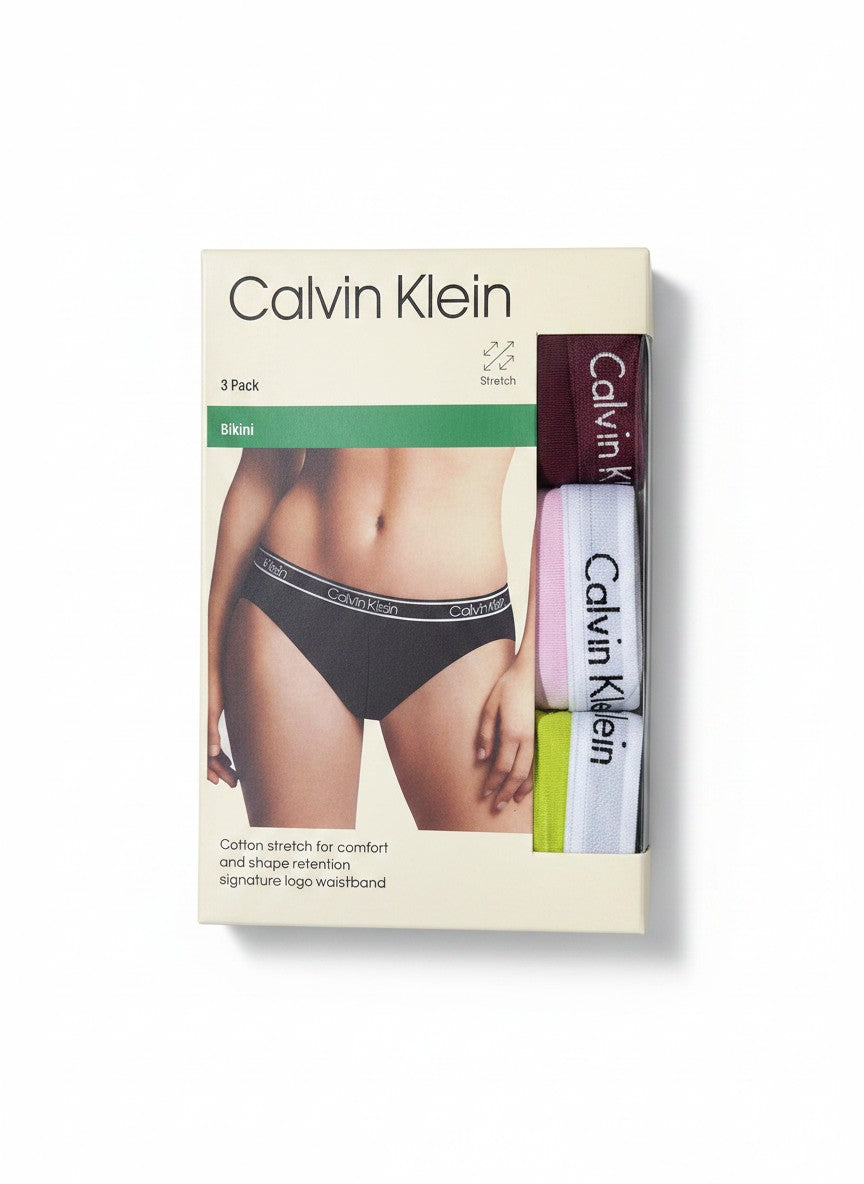 Pack de 3 braguitas bikini Calvin Klein de algodón elástico en negro, rosa, verde lima y burdeos con cinturilla con logo.