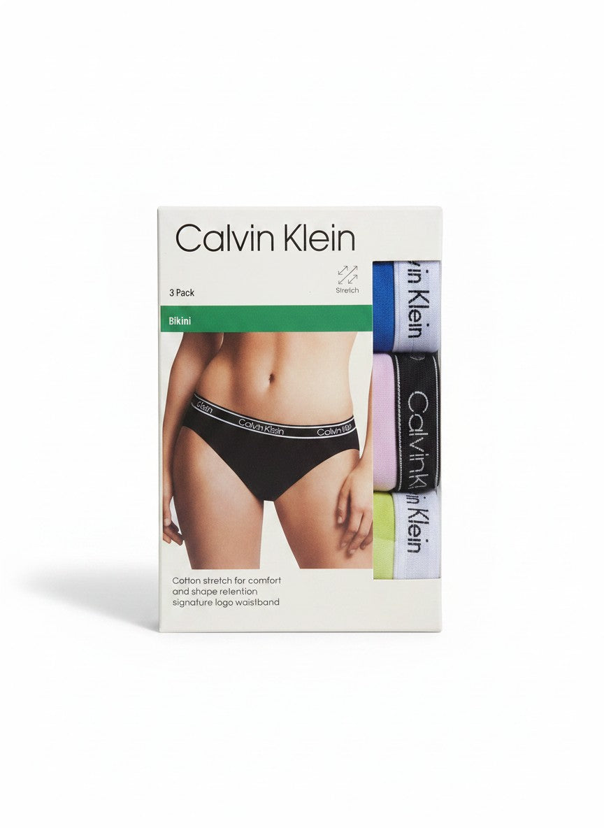 Pack de 3 braguitas bikini Calvin Klein de algodón elástico para mujer, con cintura con logo.
