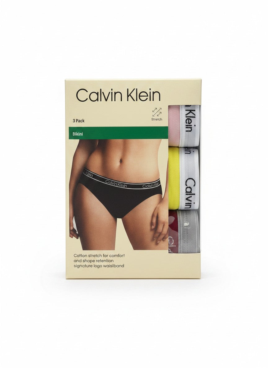 Pack de 3 braguitas bikini Calvin Klein de algodón elástico para mujer, con cintura con logo.