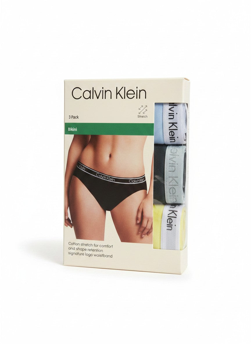 Pack de 3 braguitas bikini Calvin Klein de algodón elástico para mujer con cintura con logo. Colores: negro, verde y amarillo.