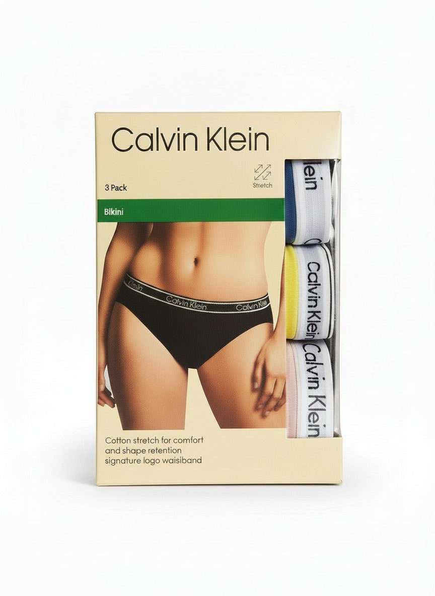 ELIFE BOUTIQUE Pack de 3 braguitas bikini Calvin Klein de algodón elástico con cintura de logo, en negro, azul, amarillo y rosa.