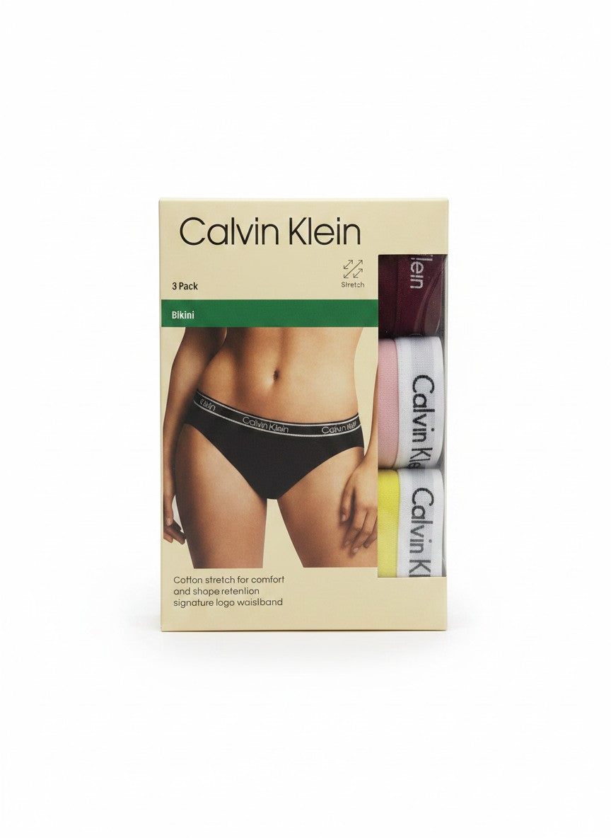 Pack de 3 braguitas bikini Calvin Klein de algodón elástico para mujer con cintura con logo. Colores variados.
