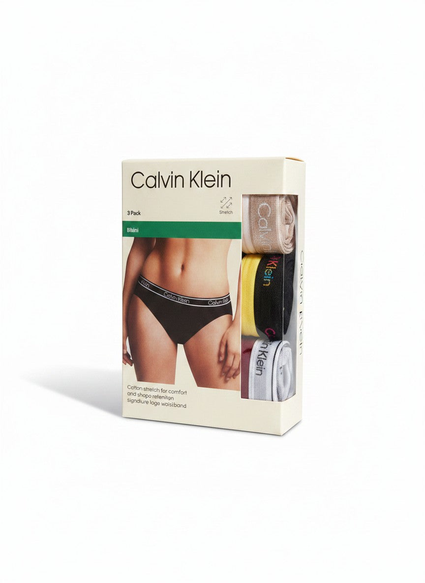 Pack de 3 braguitas bikini Calvin Klein de algodón elástico para mujer, con cinturilla con logo.
