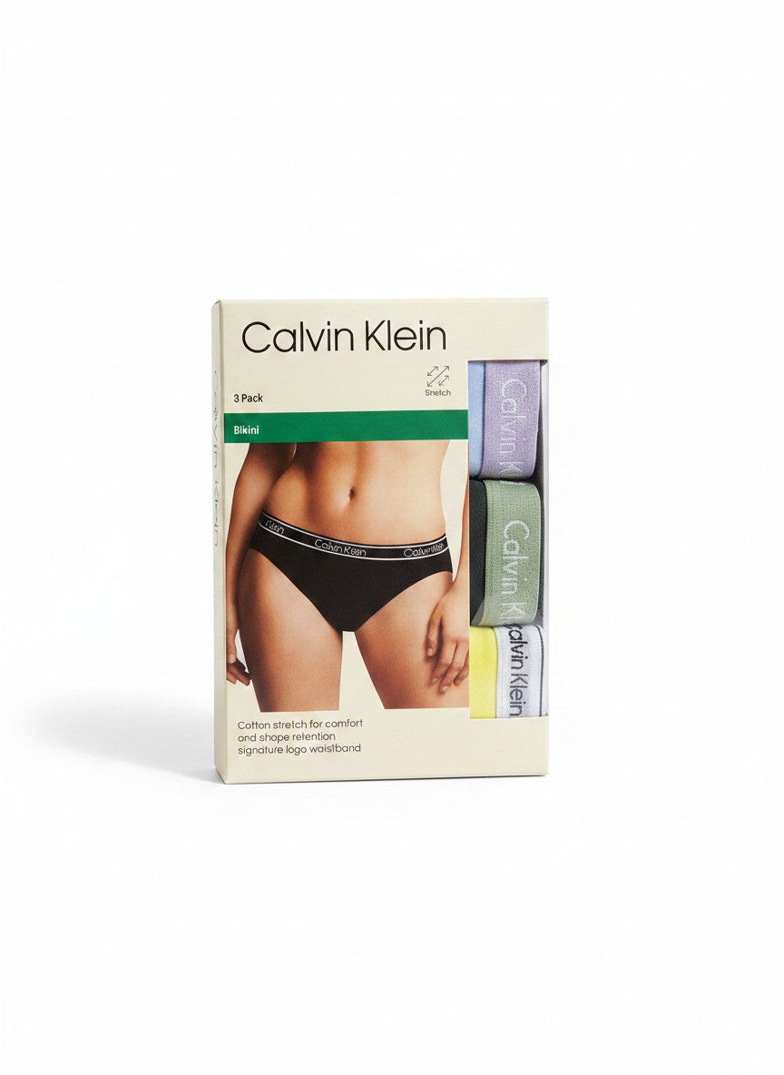 Pack de 3 braguitas bikini Calvin Klein de algodón elástico para mujer en negro, lila, verde y amarillo con cintura con logo.