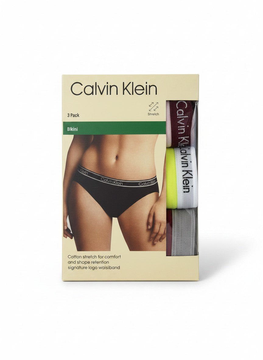 Pack de 3 braguitas bikini Calvin Klein de algodón elástico en negro, burdeos y amarillo neón con cintura con logo.