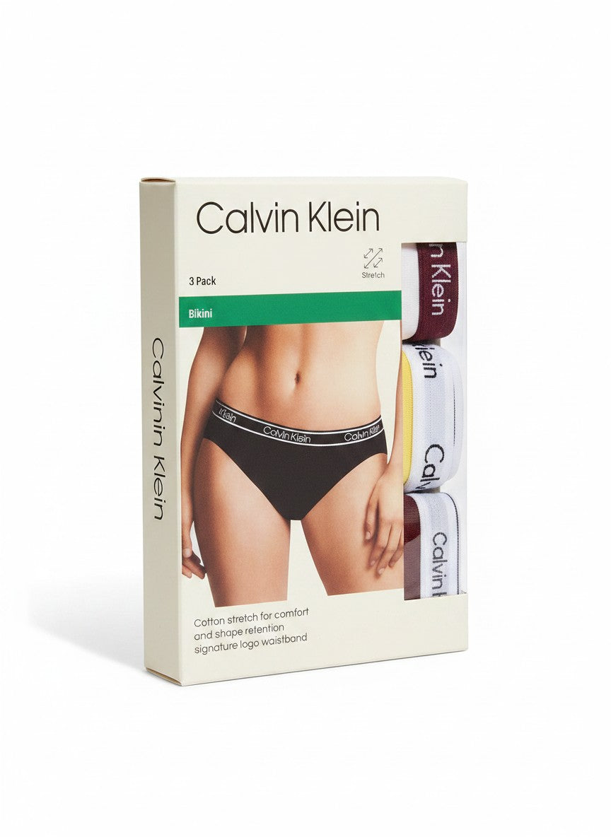 Pack de 3 braguitas bikini Calvin Klein de algodón elástico para mujer, con cintura con logo.