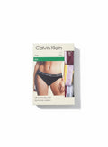 Pack de 3 braguitas bikini Calvin Klein de algodón elástico en colores burdeos, amarillo y azul claro con cinturilla de logo.