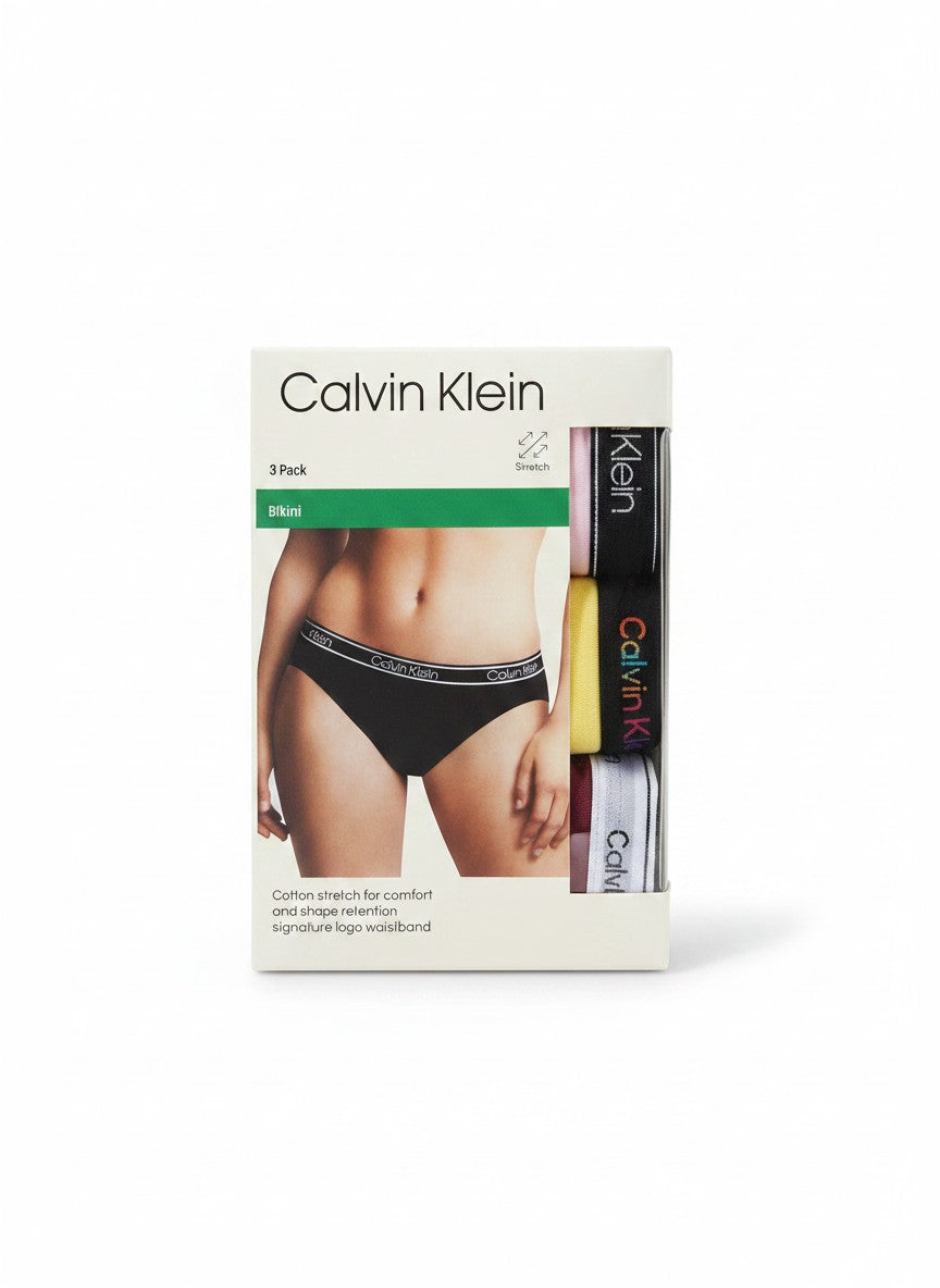 Pack de 3 braguitas bikini Calvin Klein de algodón elástico con cintura con logo. Colores: negro, amarillo, rosa y burdeos.