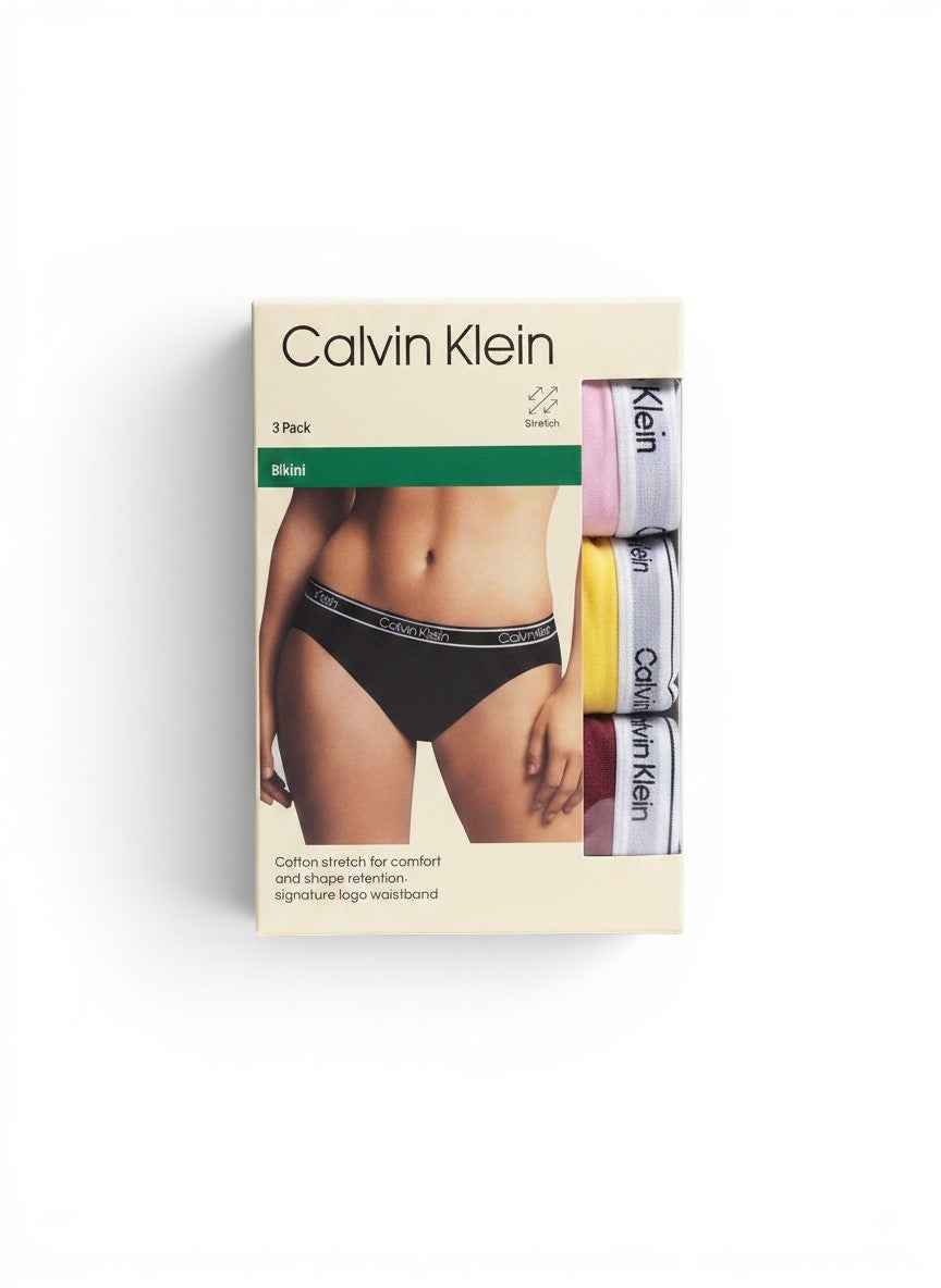 Pack de 3 braguitas bikini Calvin Klein de algodón elástico en negro, rosa, amarillo y burdeos con cintura con logo.