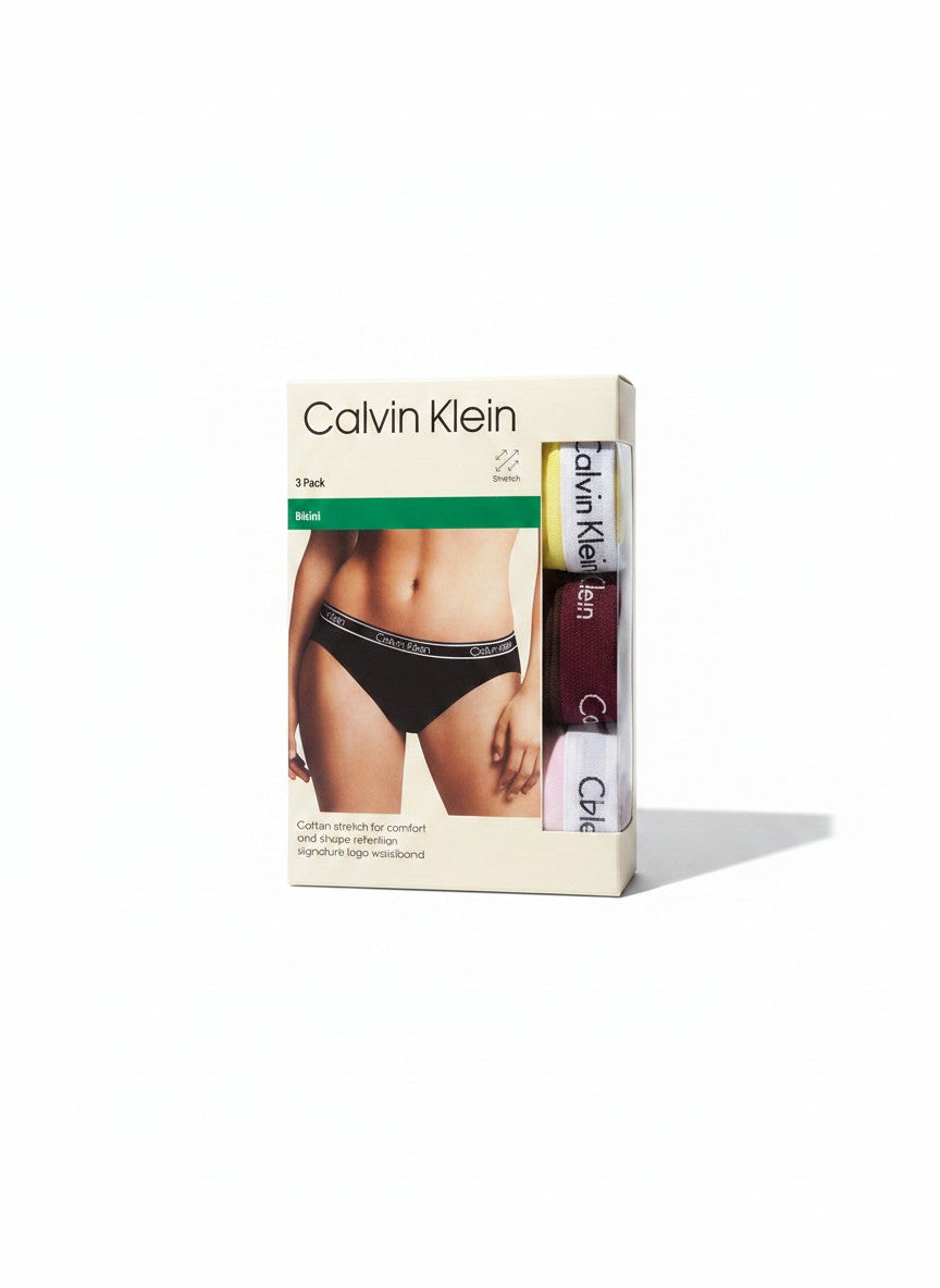 Pack de 3 braguitas bikini Calvin Klein de algodón elástico en negro, amarillo, burdeos y rosa con cintura con logo.