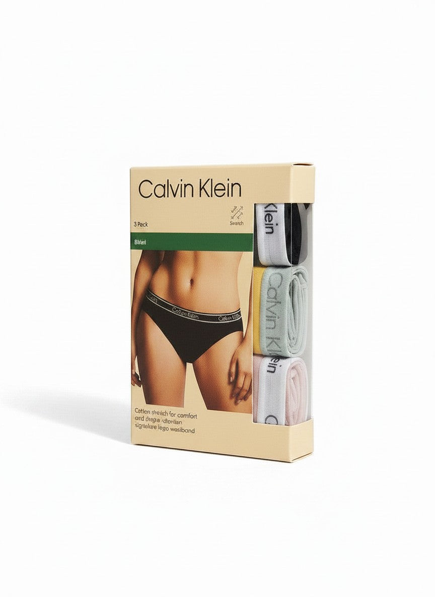 Pack de 3 braguitas bikini Calvin Klein de algodón elástico en negro, gris, amarillo y rosa con cintura con logo.