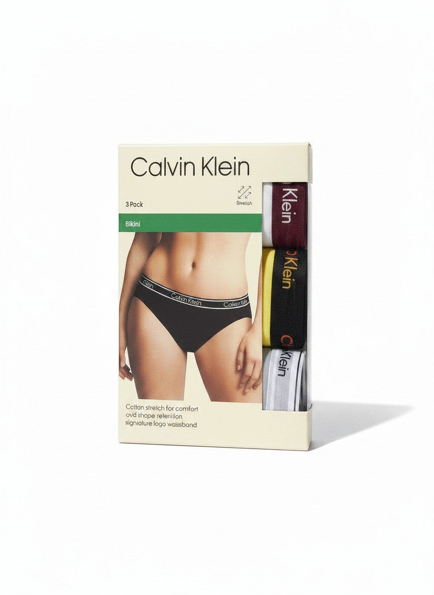 Pack de 3 braguitas bikini Calvin Klein de algodón elástico para mujer en negro, burdeos, amarillo y gris con cinturilla de logo.