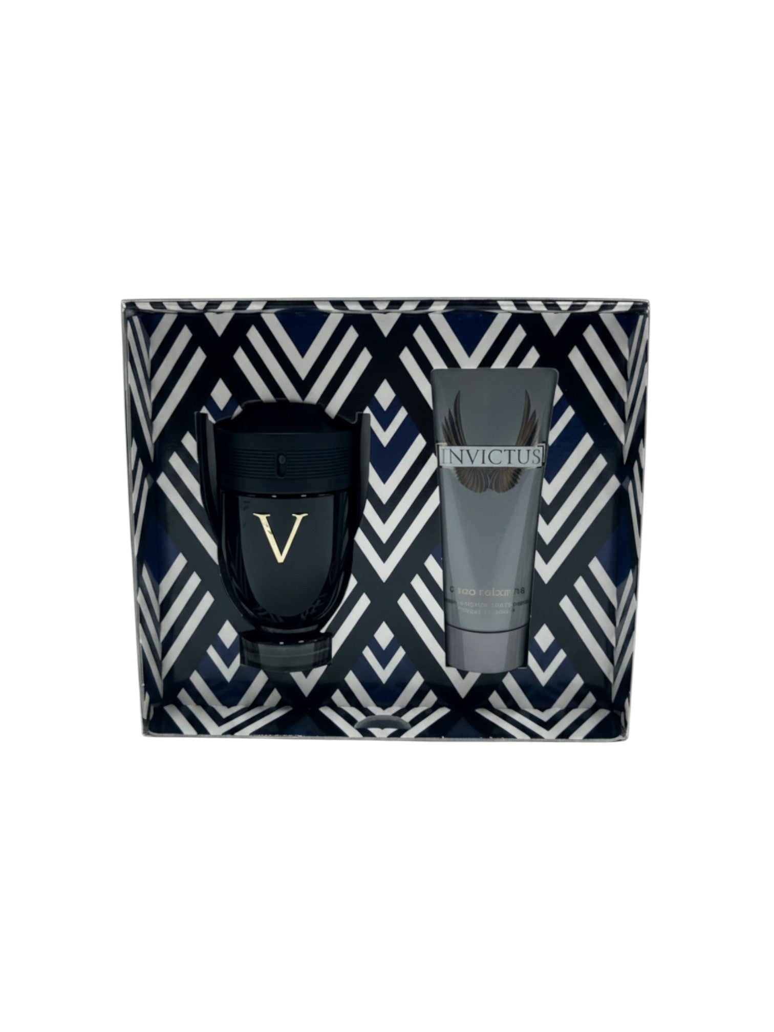 Set de regalo Invictus Victory de Paco Rabanne para hombre, con frasco de perfume negro y loción corporal gris en caja con diseño geométrico azul y blanco.