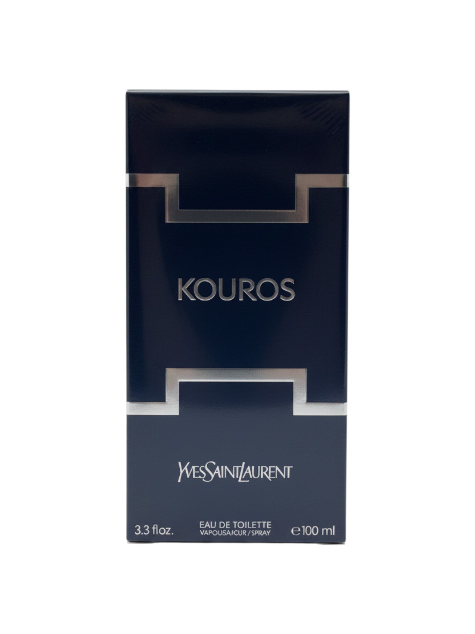 Caja de perfume Kouros de Yves Saint Laurent para hombre, 3.3 oz, Eau de Toilette, color azul marino con detalles plateados.
