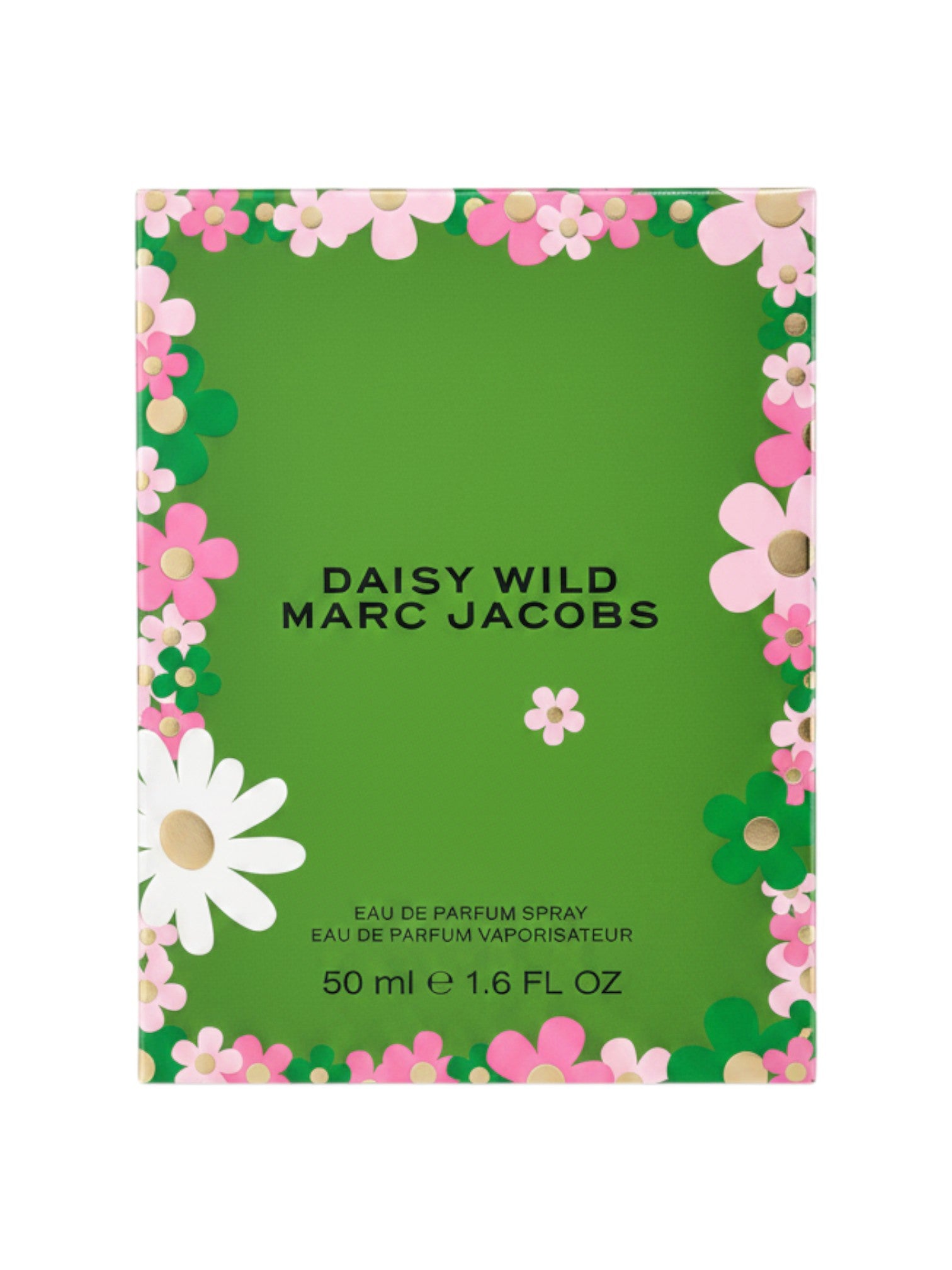 Caja de perfume Marc Jacobs Daisy Wild para mujer, con diseño verde y flores rosas y blancas. Eau de Parfum Spray 50 ml.