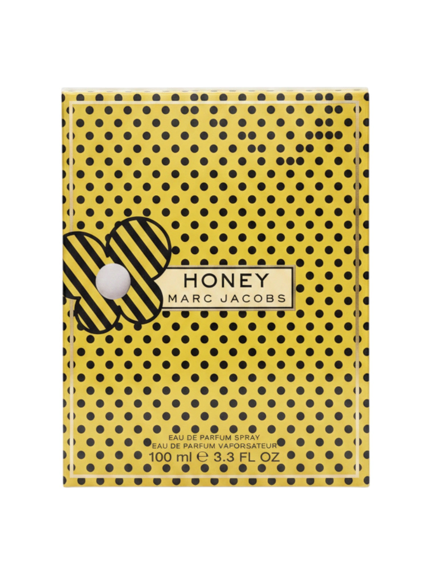 Elife Boutique presenta la fragancia Honey de Marc Jacobs para mujer, un Eau de Parfum de 3.3 oz en un frasco con diseño de lunares amarillos y negros.