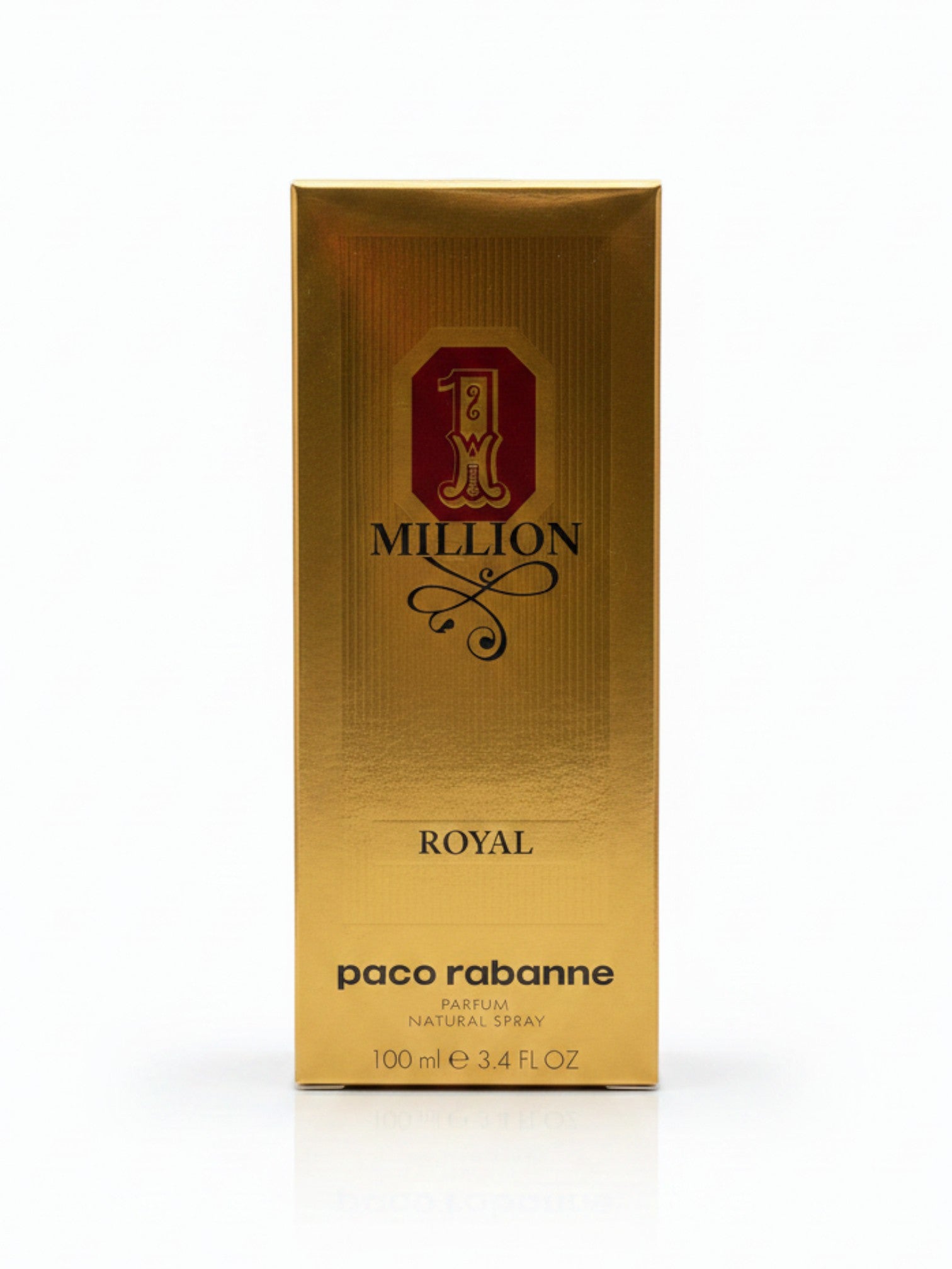 Caja dorada de Paco Rabanne 1 Million Royal Parfum para hombre, 100 ml 3.4 fl oz. Presentación de lujo.