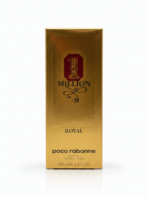 Caja dorada de Paco Rabanne 1 Million Royal Parfum para hombre, 100 ml 3.4 fl oz. Presentación de lujo.