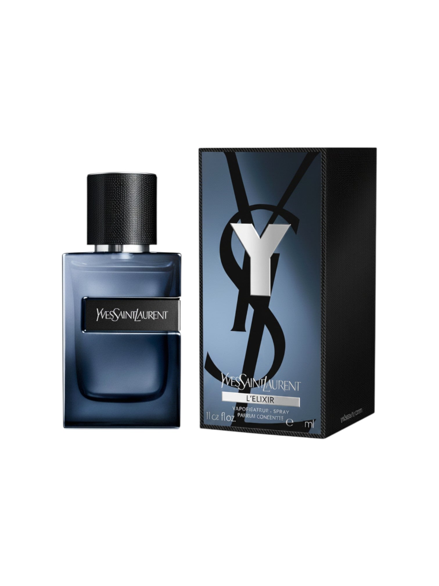 Perfume Yves Saint Laurent L'Elixir para hombre en frasco azul marino con tapa negra y caja a juego. Fragancia de lujo.